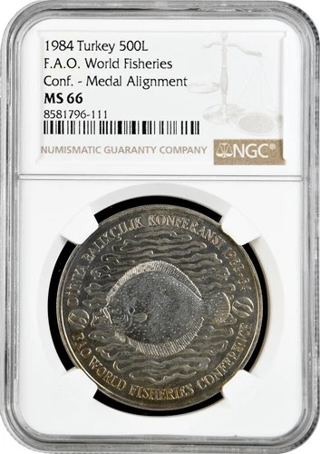 Turkey 500 lira 1984, NGC MS66, "F.A.O. - World Fisheries Conference" Cu-Ni
