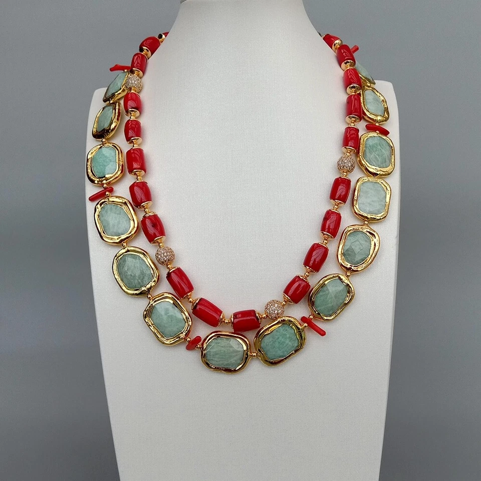 Collar de amazonita verde coral rojo de 2 hilos cierre de pavé de circonitas cúbicas 21" Foto 2 de 4