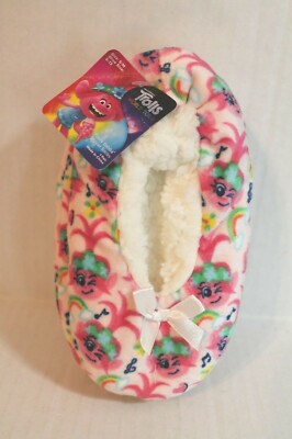 Trolls Poppy Pink Fuzzy Fleece Slippers Girl Shoe Size 8-11 S/M Slipper  Socks