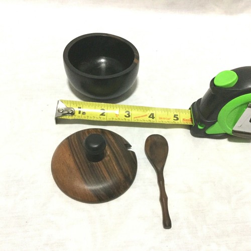 WOOD MINI SUGAR BOWL WITH TOP & SPOON - PHILIPPINES HAND CRAFTED - Picture 4 of 12