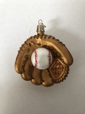 Old World Baseball Mitt and Ball Glass Holiday Ornament
