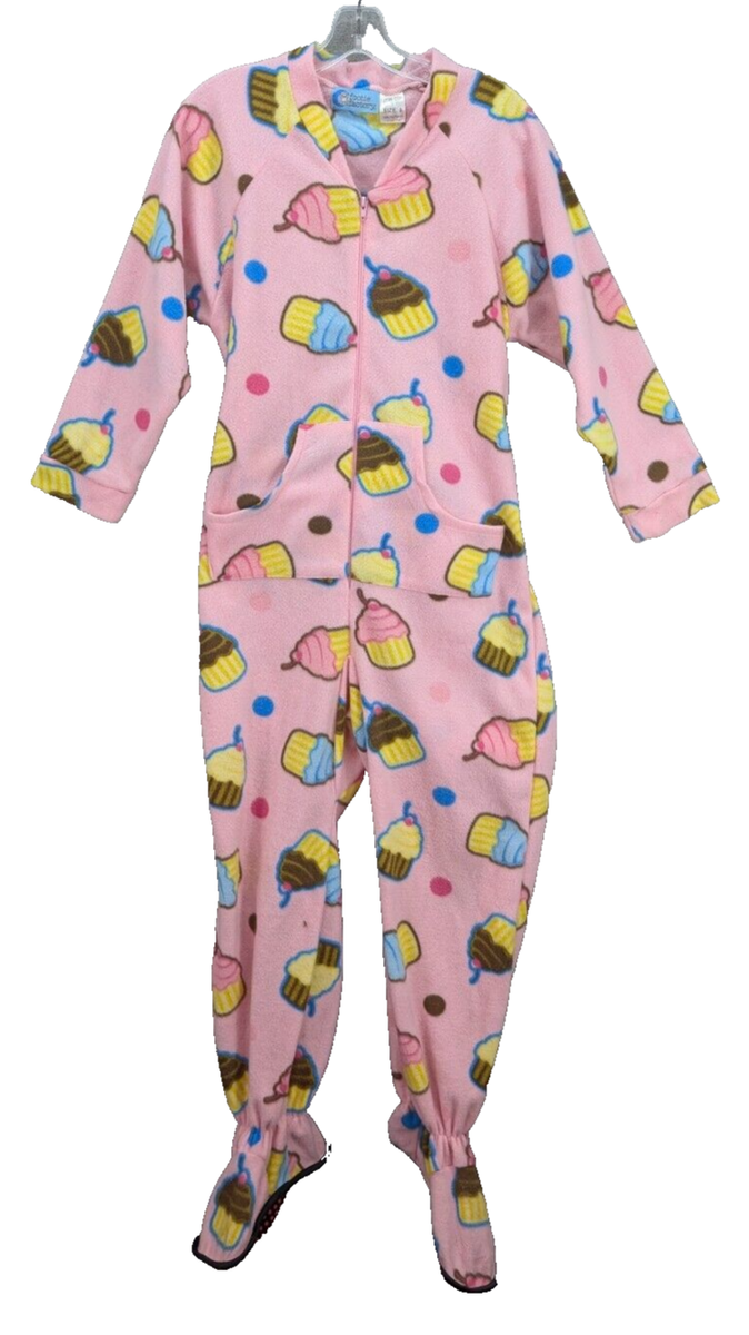 Footie Factory Adult Pajamas One Piece Footed Pink Cupcake Full Zip Fleece  Sz