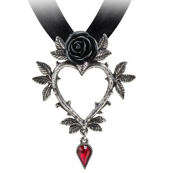 Alchemy Gothic Herz Kette Choker Samtband Schwarz Rot Kristall P894-image