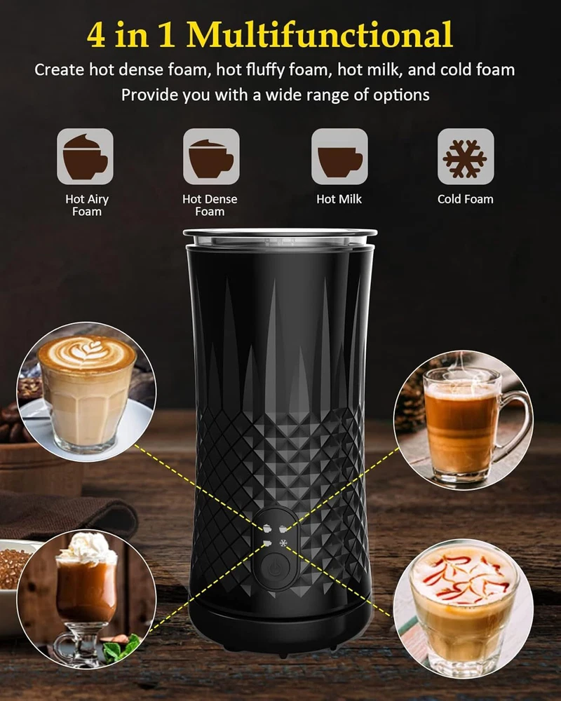 Milk Frother, Ausyle 4-in-1 Electric Frother and Steamer, Non-Slip Black Milk Frother, Ausyle 4-in-1 Electric Frother and Steamer, Non-Slip Black