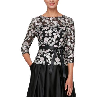 Alex Evenings Womens Sequin Floral Embroidered Blouse Top BHFO 9091