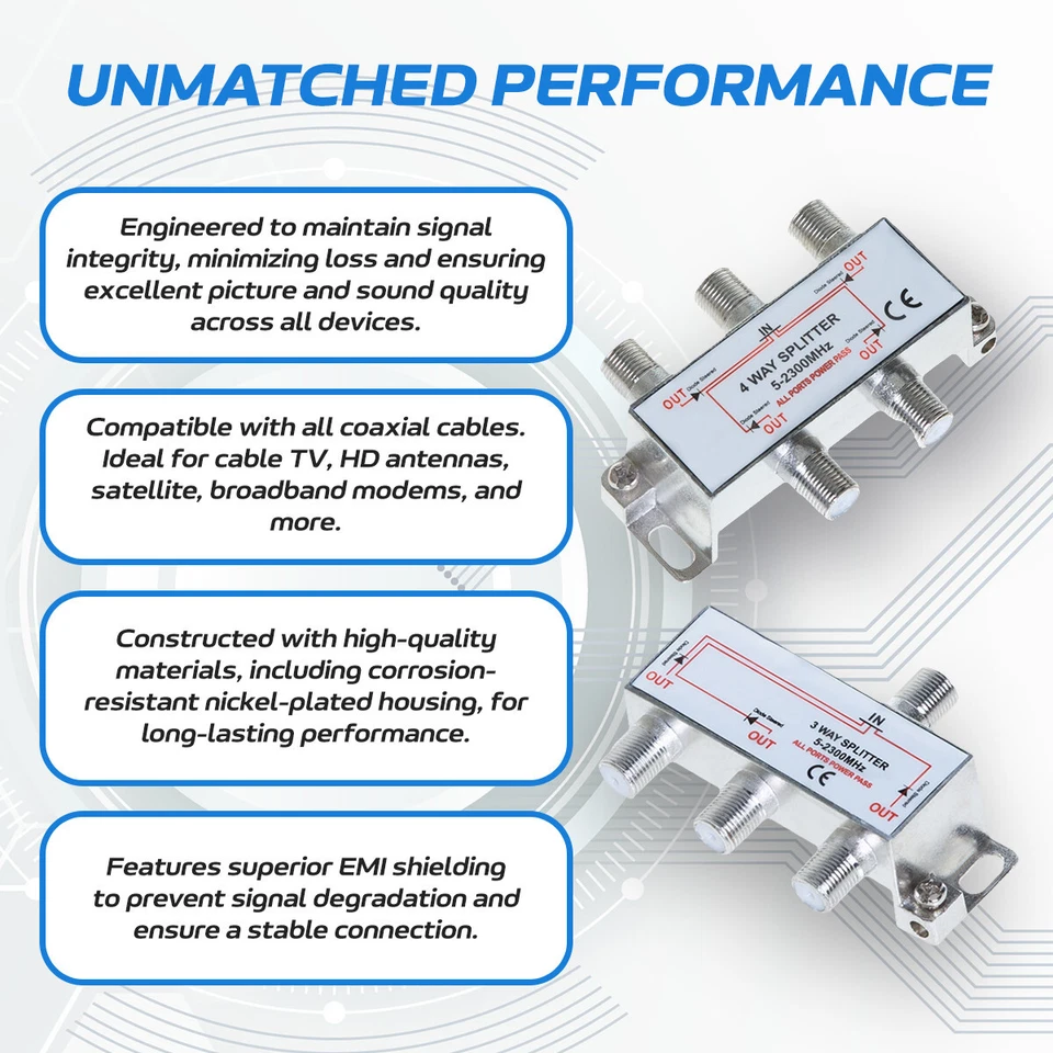 6 Way TV Splitter 5-2300 MHz Coax Cable Adapter for RG59 RG6 HDTV Satellite - Image 3 of 4