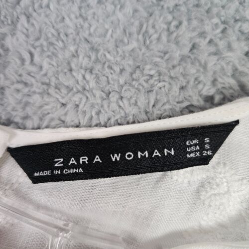 Zara Womens Shift Dress Small White Linen Embroidered Crew Neck Short Sleeve Zip - Picture 14 of 19