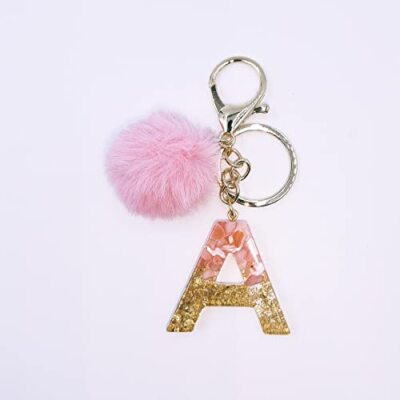jtkdxqs Letter-Z Keychain Crystal Pink with ball Pom pom Key Ring