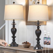 28" Black Farmhouse Table Lamps Set of 2 with USB C A Ports  AC Outlet for V...