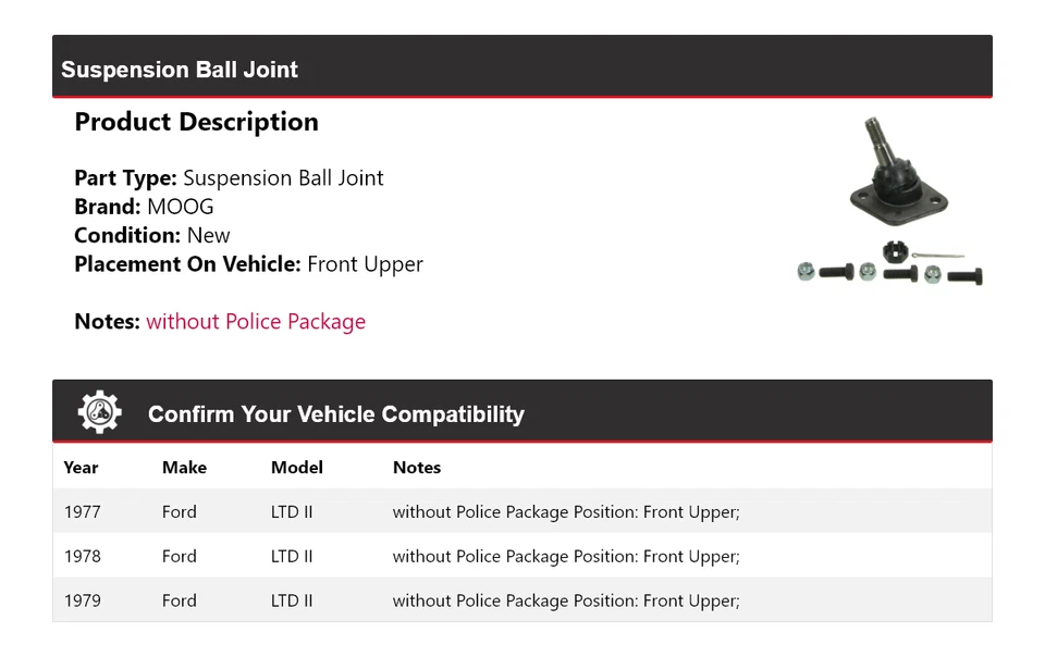Para 1977-1979 Ford LTD II junta esférica de suspensão dianteira superior MOOG 1977 1978 1979 - Imagem 2 de 4
