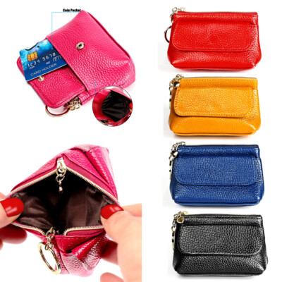 Women's Leather Zipper Pockets Key Ring Coin Purse Mini Pouch Wallet Card Holder