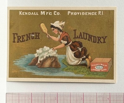 SOAPINE TRADE CARD~FRENCH LAUNDRY SOAP~WOMAN POUNDS LAUNDRY ON ROCK-KENDALL RI