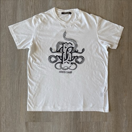 Roberto Cavalli, Roberto Cavalli Snake Graphic T-Shirt Mens XL White Cotton Good Y2K Vintage