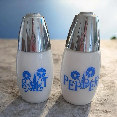 Vintage Gemco Blue Cornflower 3.5" Milk Glass / Chrome Salt & Pepper Shakers EUC