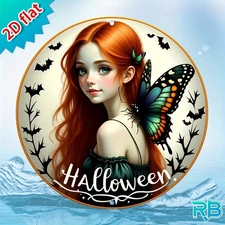 Halloween Red Haired Girl Butterflies Round Aluminum Wall Art Spooky