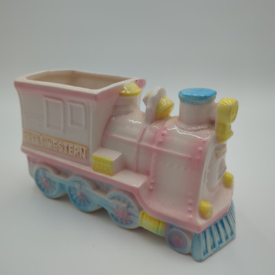 Ceramic Great Western Train Planter Pink Blue Baby Nursery Decor Vintage Rubens