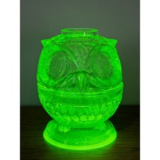 Green Vaseline Uranium Glass 2-Piece Owl Fairy Lamp GLOWS