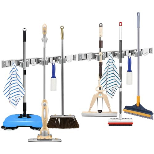 Heavy Duty Metal Mop and Broom Holder Wall Mount 2-Pack Silver 3R4H