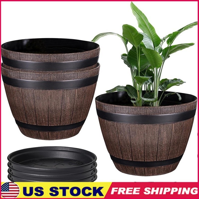 Whiskey Barrel Plant Pot W/ Drainage Holes Indoor Outdoor Use Flower Pot Saucer