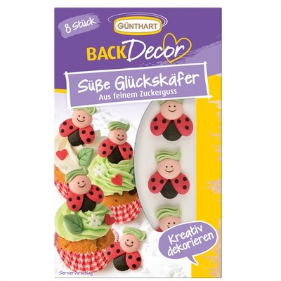 BackDecor | 8 süße Glückskäfer | aus Zucker | 8 Marienkäfer mit schwarzen Punkte
