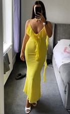 Yellow Satin Slip Midi Dress S V-Neck Backless Ruched Ruffle Strappy