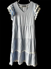 Light Blue Whit Ric Rac Trim V Neck Maxi Boho Tiered Summer Dress Cottagecore M