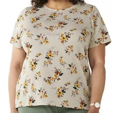 Croft & Barrow Classic Top Tee Shirt Size 5X Beige Floral 100% Cotton Casual