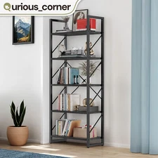 5 Tier Industrial Corner Bookshelf Bookcase Storage Rack Wooden Living Room Home