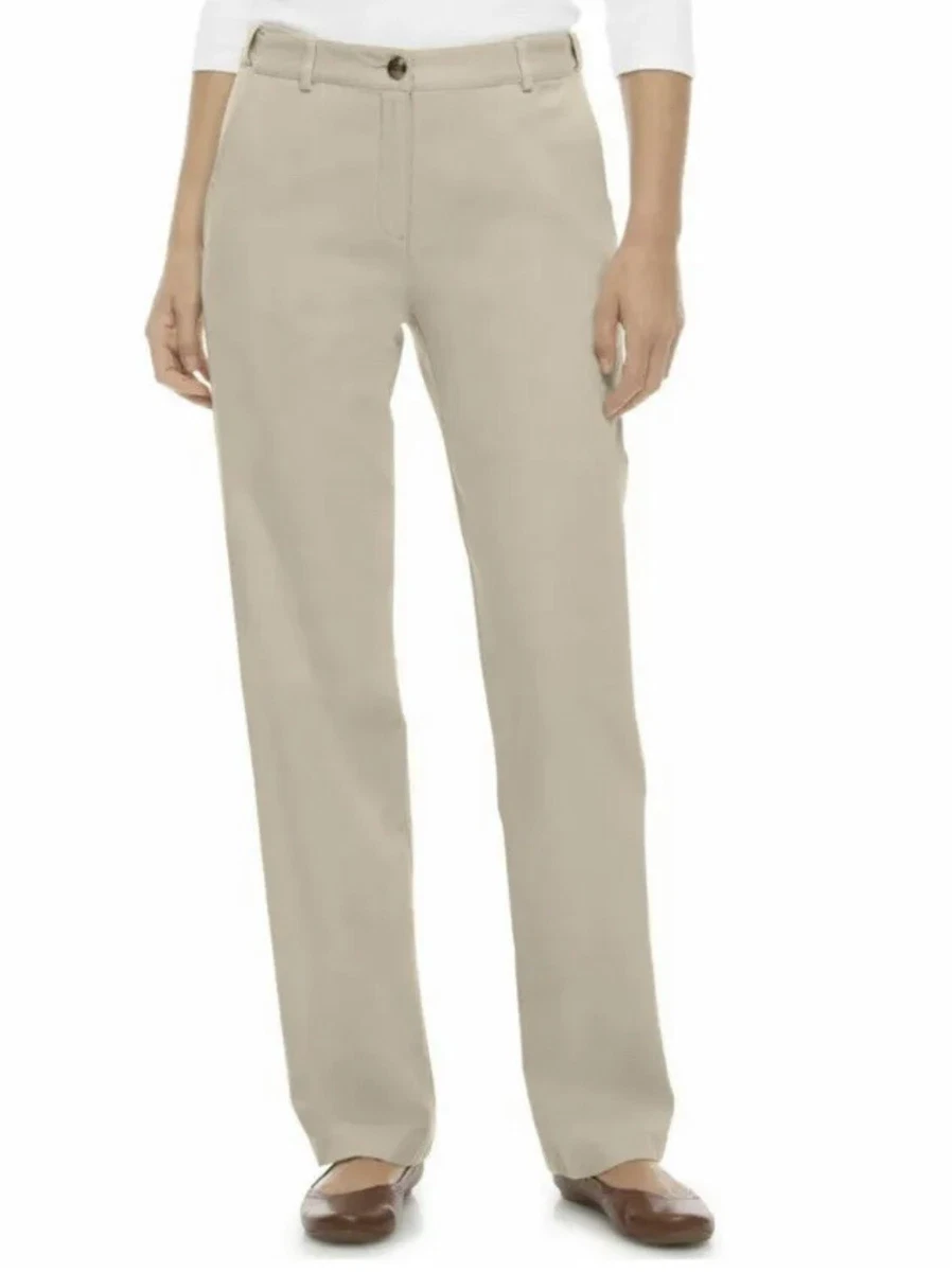 NWT L.L. Bean Women s Beige Khaki Pants Flat Front Wrinkle Free