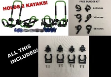 2 Sets Roof Kayak Racks Green, 2 Sets 24" 36" 48" Bungees, 2 Sets Paddle Clips