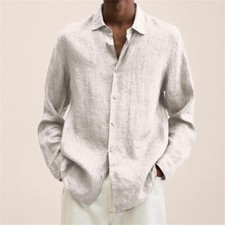 Mens Linen Long Sleeve Button-Down Shirts Baggy Casual Shirts