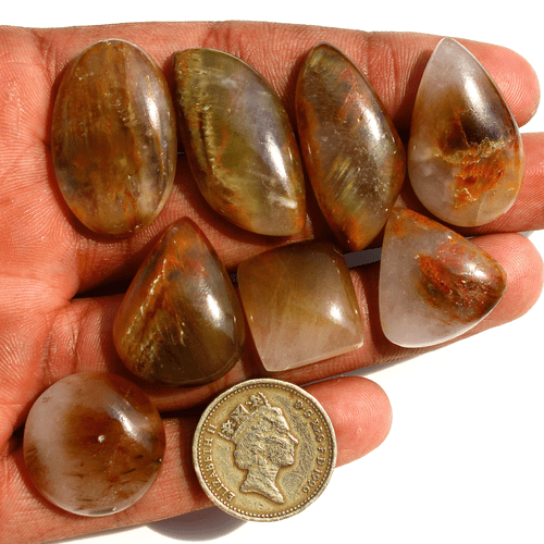 8 Pcs Natural Cacoxenite Rutilated Quartz 18mm-33mm Mix Cabochon Loose Gemstones - Picture 10 of 17
