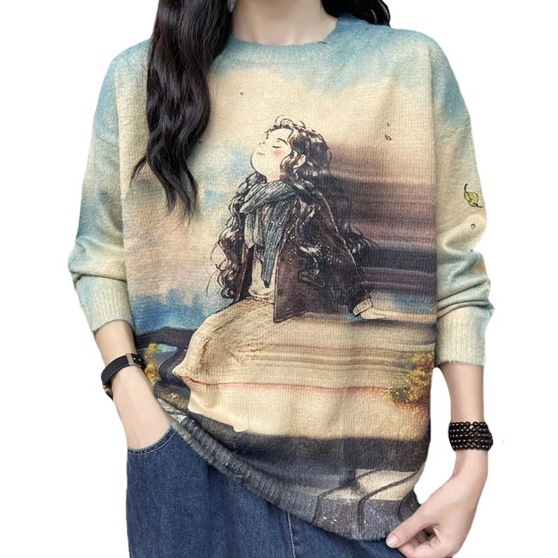 Korean Women Fashion Knitted Sweaters Printed Loose Casual Pullover Warm  Jumpers