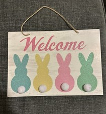 Easter Bunny Cotton Tail Pastel Welcome Wood Hanging Sign New