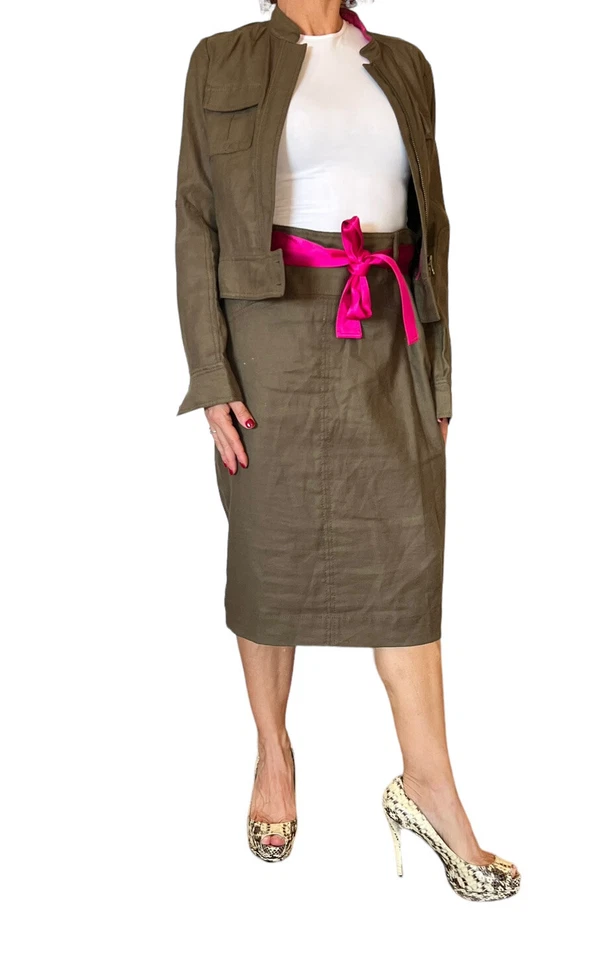 Saia lápis DVF Diane von Furstenberg Martinica carga linho com cinto verde 12 - Imagem 2 de 4