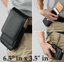 For XL TCL Phones - Black Vertical Leather Holster Pouch w/ Belt Clip Loop Case