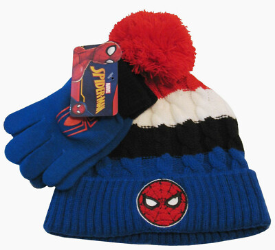 ,Marvel Spider-Man Boy's Hat Gloves Piece Set w/Pom-Pom, New With Tag 