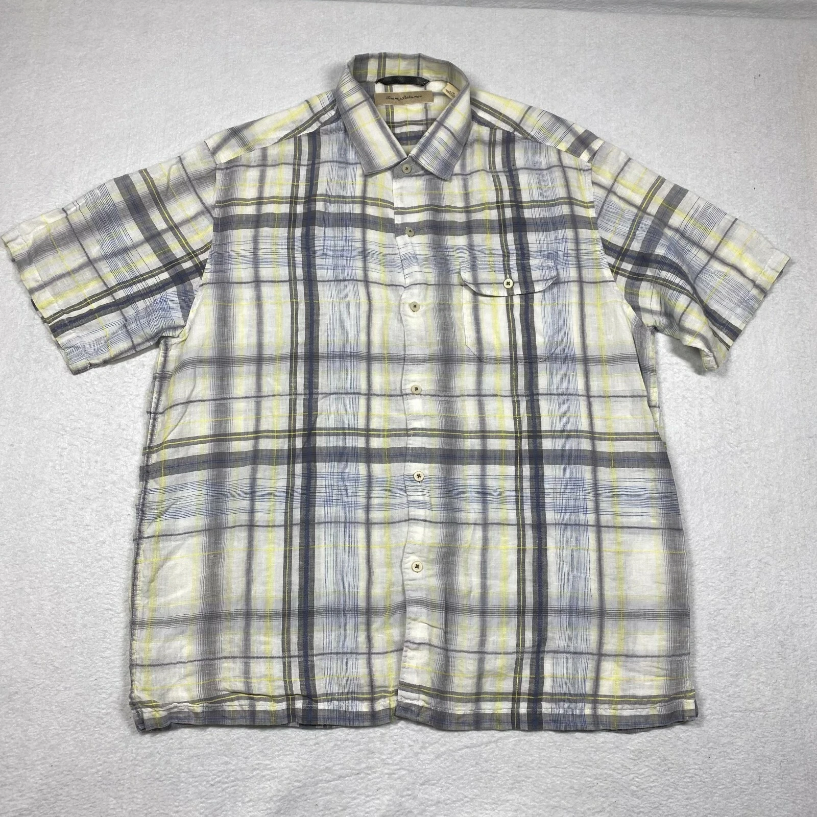Tommy Bahama Linen Shirt Mens Large Multicolor Plaid Button Up Short Sleeve