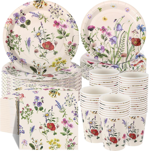 250 Pcs Floral Disposable Tableware Set Wildflower Disposable Paper Plates Vinta