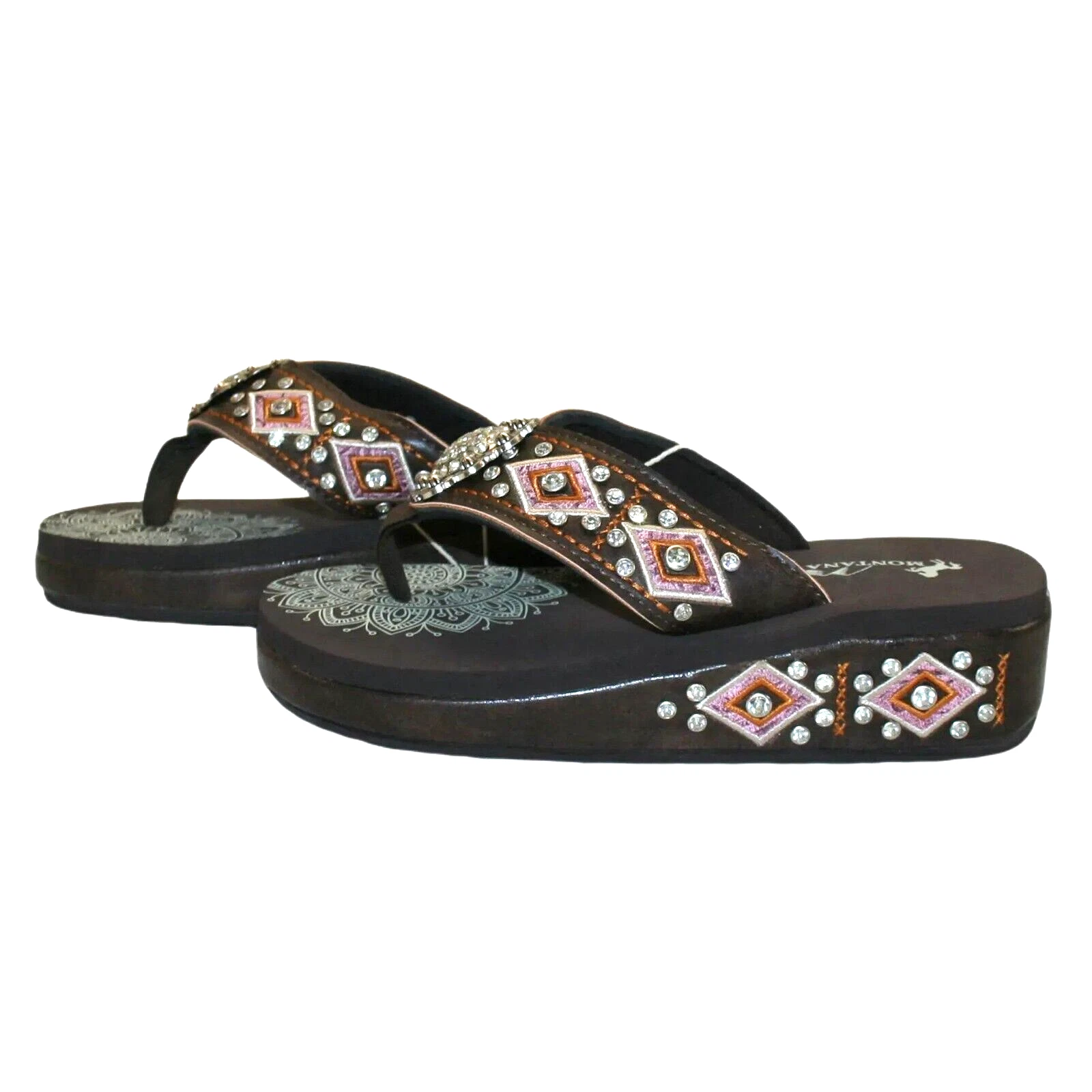 Montana West Women's Platform Flip Flops Pink/Brown & Rhinestone Concho NIB
