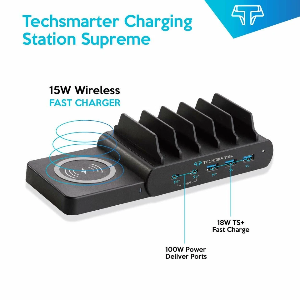 Techsmarter 100W 6-Port Dual USB C PD Charging Station with Wireless Charger - Image 2 of 4