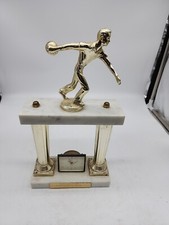 Vintage 60s Bowling Trophy Marble Base Metal Figure W/ Endura Alarm Clock.