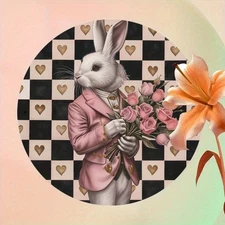 2D FlatVintage Style Elegant Rabbit And Bouquet Round Aluminum Wall Decoration 8