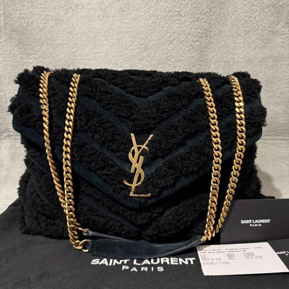 Saint Laurent Loulou Shearling Chain Bag Black Gold