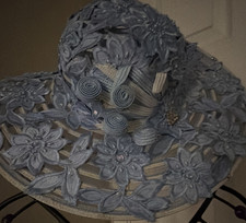 Church Hat Light Blue Mesh Fascinator Headpiece Women Wide Brim Floral Appliqu