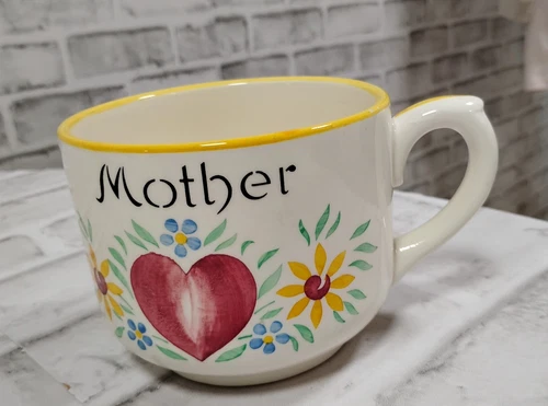 Vintage Antique Mother 16 oz Cup Mug Yellow Edge Flowers Made in West Germany