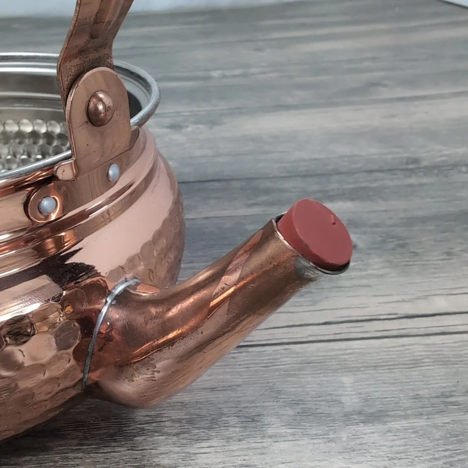 Vintage Style Hammered Copper Tea Kettle with White Porcelain Handle and Knob - Image 4 of 4