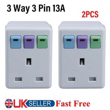 3 Way 3 Pin UK Multi Plug 13A Fused Adapter Power Socket with ON/OFF Switch 2PCS