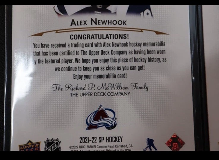 2021-22 UD SP Hockey Rookie Authentics Alex Newhook Base & Jersey Rookie #140 - Image 3 of 4