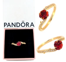 New 100% PANDORA Gold Disney Beauty and the Beast Enchanted Rose Ring 163984C01